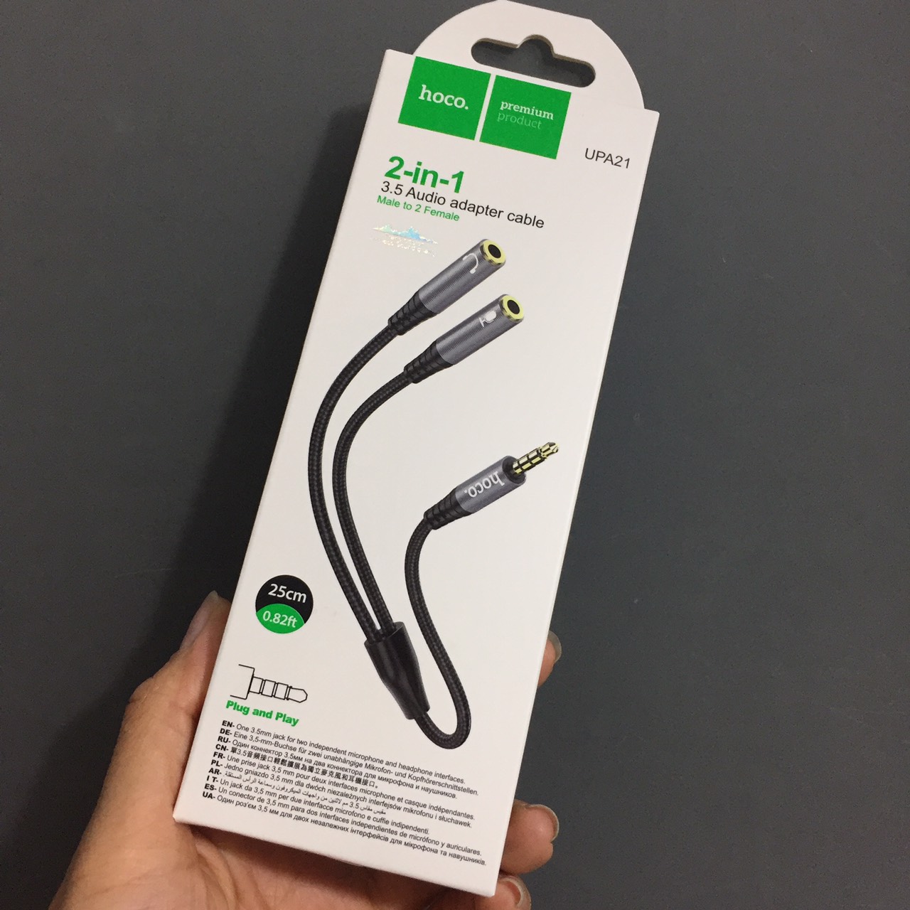 Cáp gộp 2 chân tai nghe chia chân tai nghe 3.5mm Mic + audio hoco UPA21 2in1 _ Hàng chính hãng