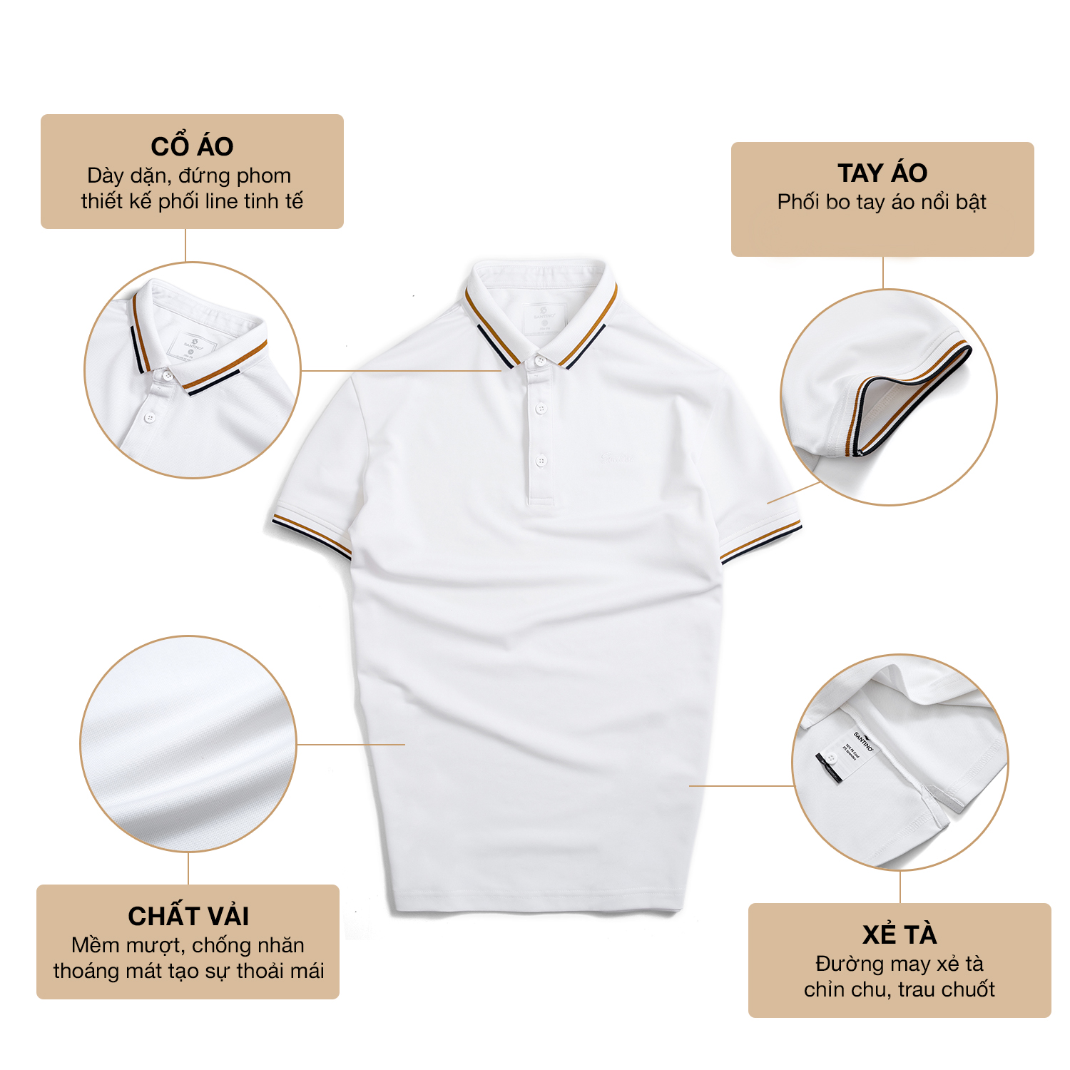 Áo POLO nam phối bo cổ vàng vải Cotton Cá Sấu, form chuẩn, sang trọng lịch sự SANTINO