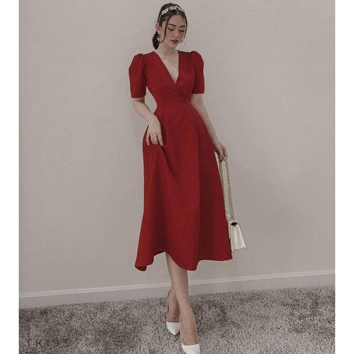 ĐẦM ĐI TIỆC Đầm đỏ cổ v form dài