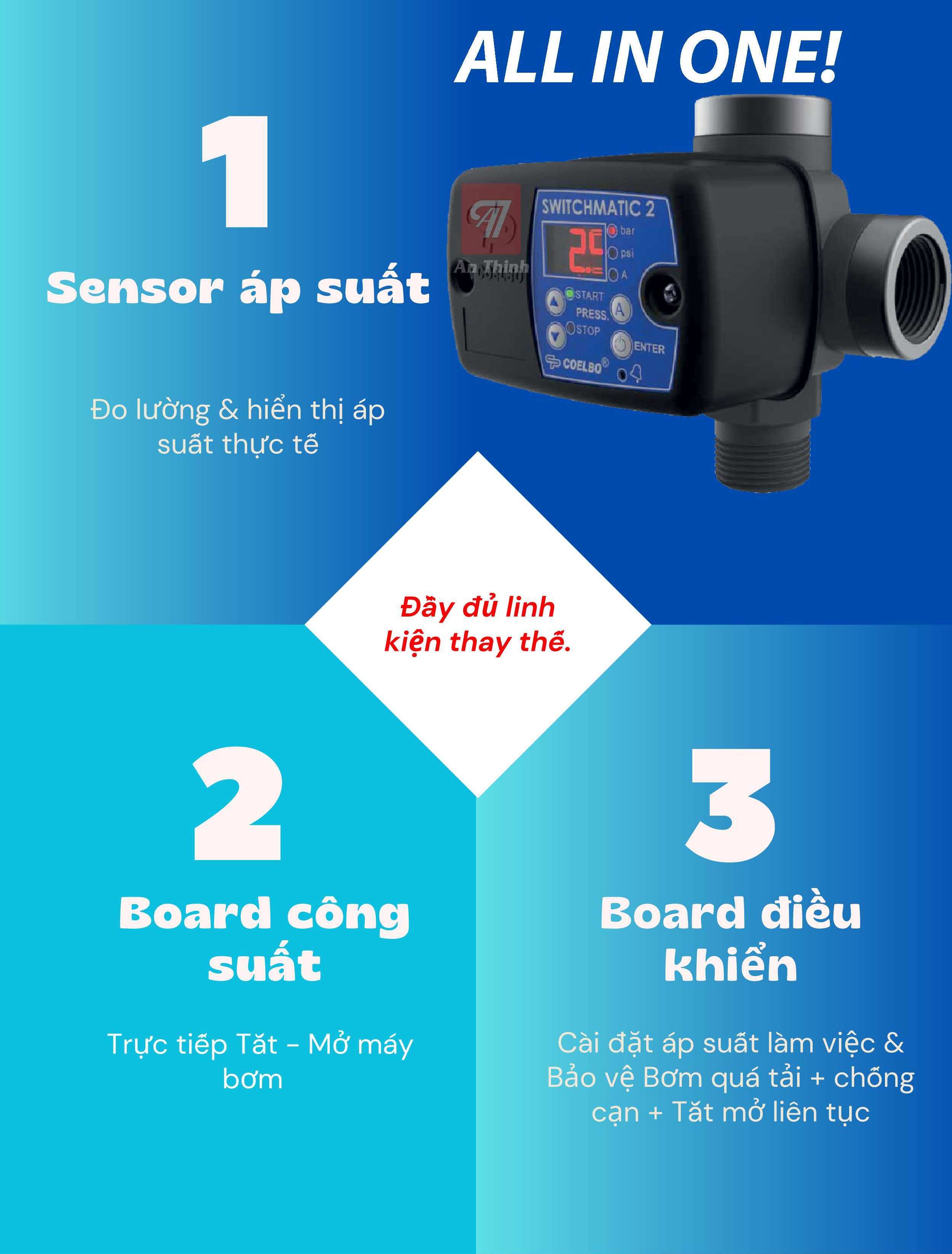 Rơle áp suất điện tử kèm Công tắc áp suất T-KIT Switchmatic 2 Tây Ban Nha - Tự động tăng áp bảo vệ bơm chạy khô quá tải