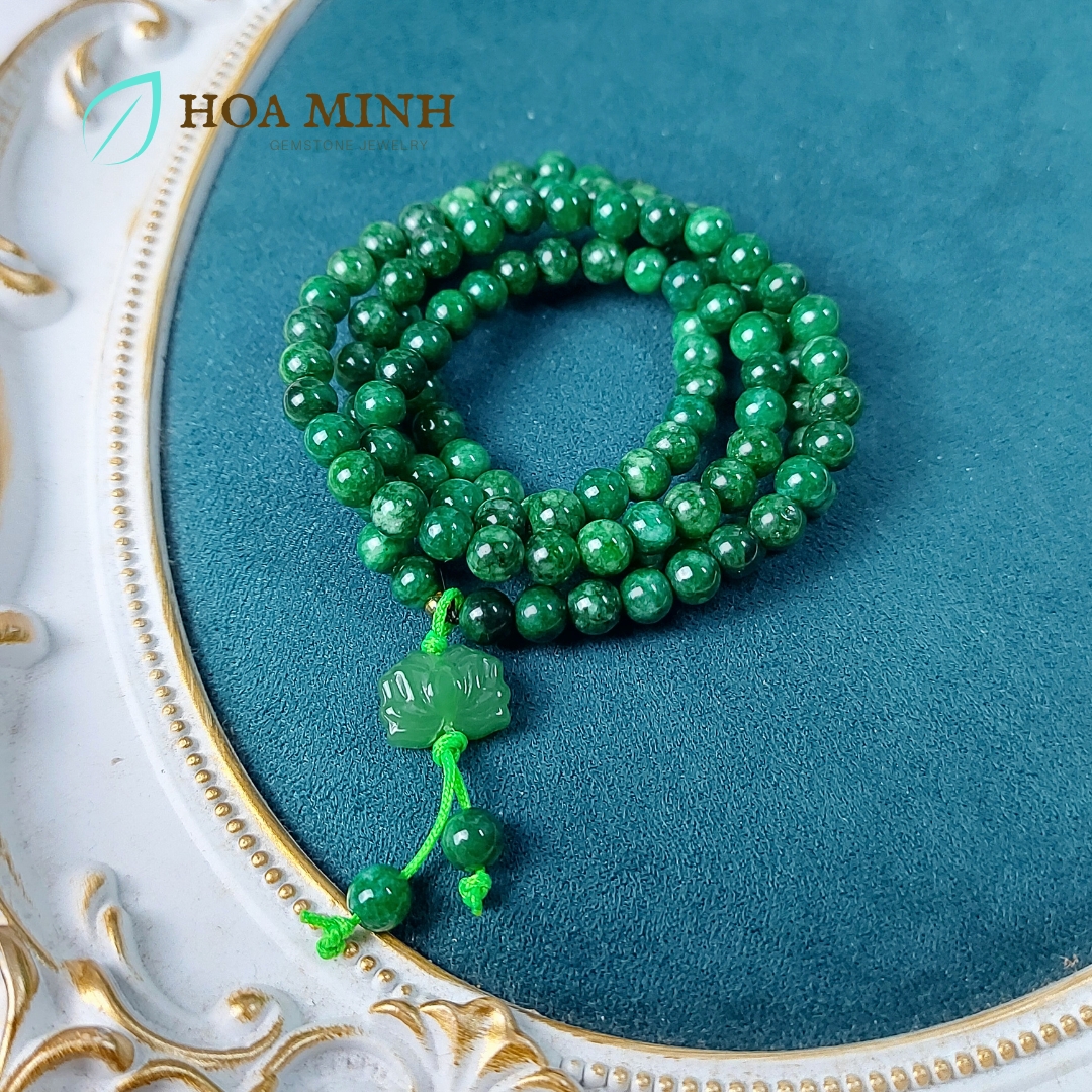 Vòng tay chuỗi 108 hạt Cẩm Thạch Sơn Thủy size 6 li phối charm hoa sen mã não, phong thủy bình an may mắn không kén mệnh