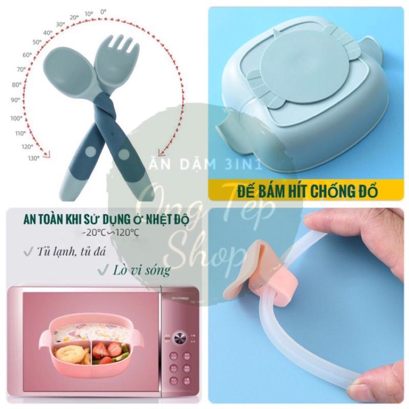 Bộ bát chống đổ chia ngăn cho bé - 5 chi tiết kèm thìa dĩa tập xúc, ống hút silicon và nắp đậy