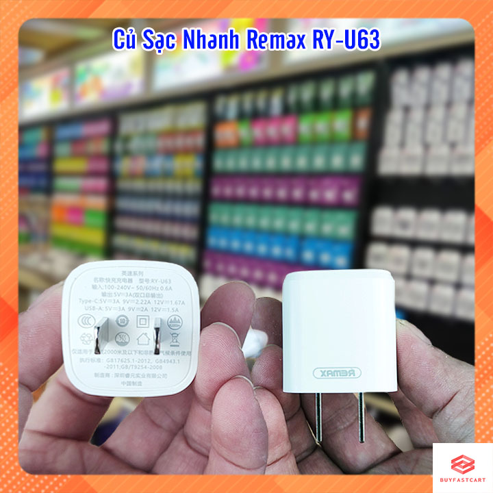 Cốc sạc nhanh Remax RY-U63 2 cổng sạc QC 3.0 và PD 20W siêu nhỏ - Hàng nhập khẩu