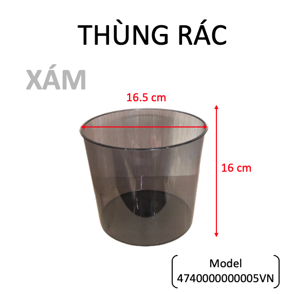 Thùng rác tròn chất liệu nhựa PET cứng trong suốt - Khả năng chịu lực chịu nhiệt tốt - Thùng rác trong suốt không nắp tinh tế - Màu xám