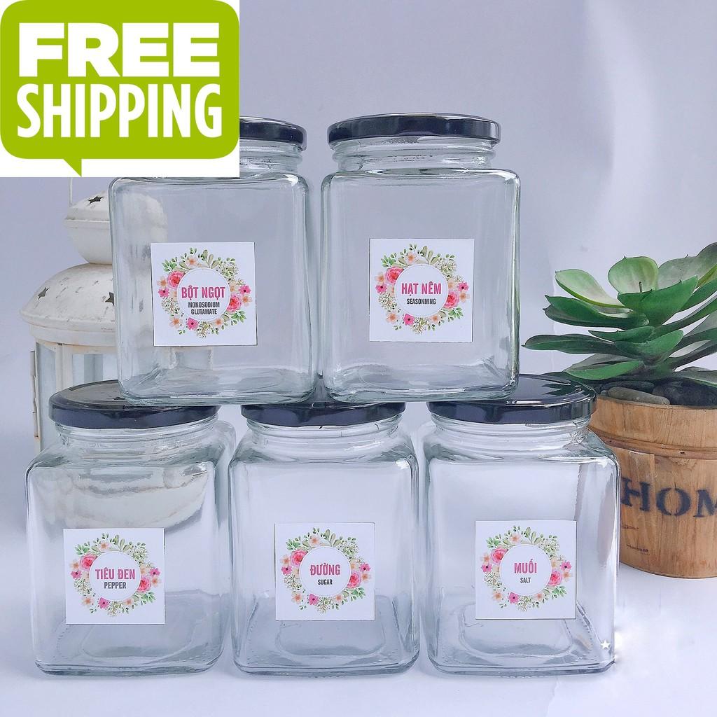 Bộ hũ đựng gia vị thủy tinh 05 hũ mỗi hũ 500ml Tặng bộ nhãn dán gia vị The Kaffeine