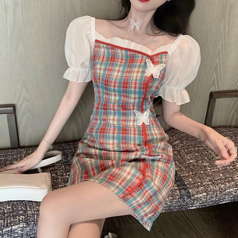 Đầm tay phồng cổ vuông kẻ sọc caro Retro