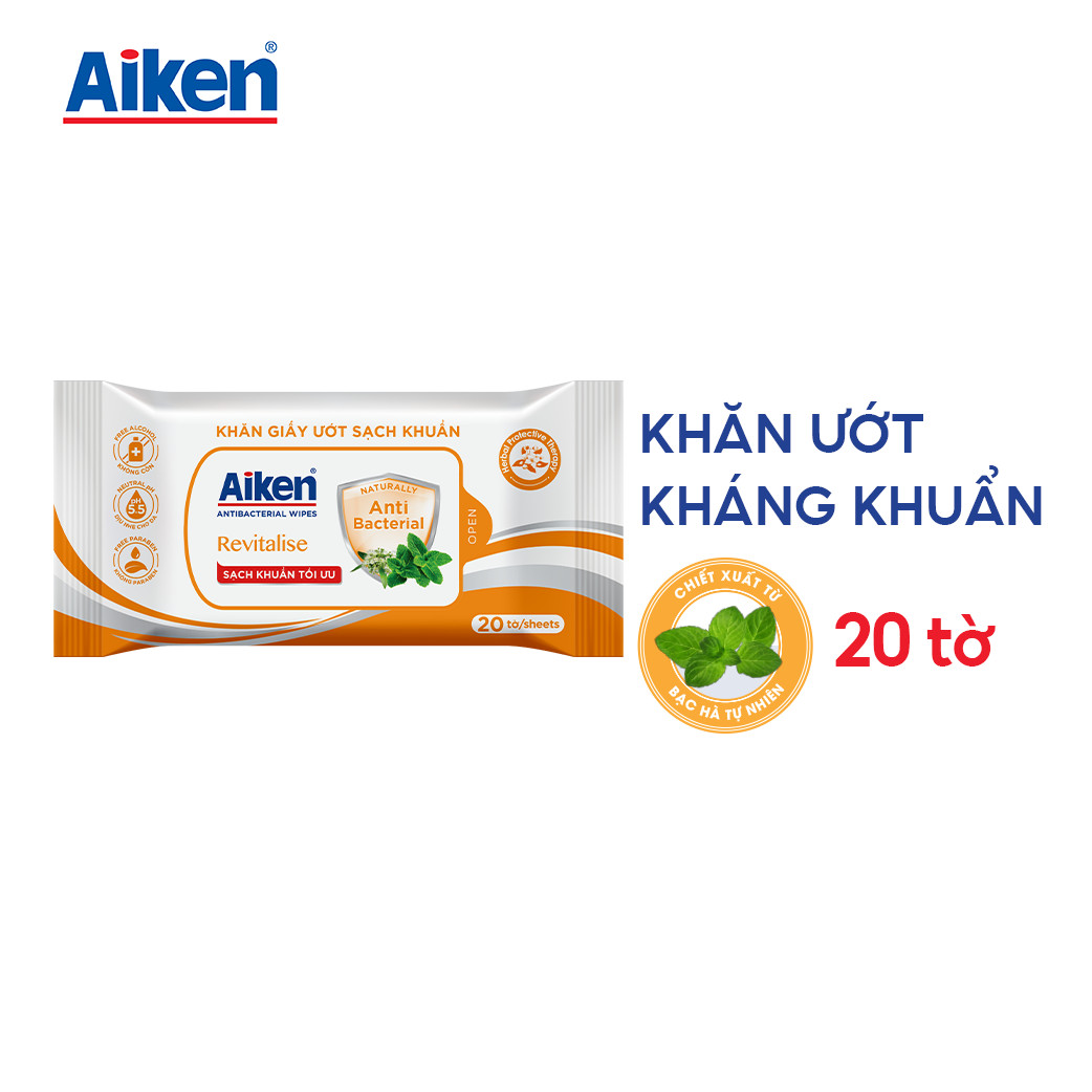 Aiken Khăn Ướt Sạch Khuẩn Chiết Xuất Bạc Hà 20 Tờ