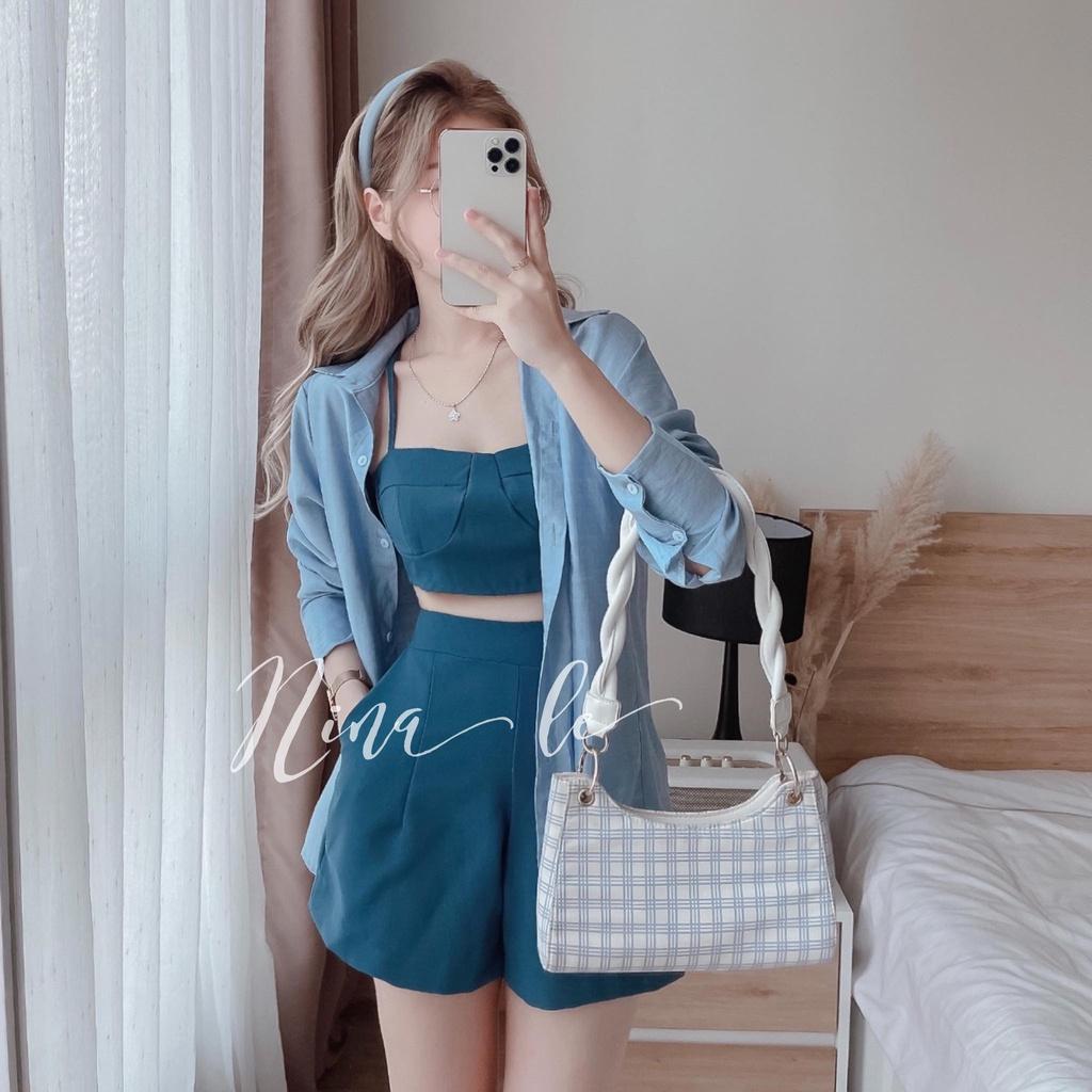 Sét bộ 3 món thời trang nữ áo khoác sơ mi kèm croptop 2 dây, phối quần đùi ống rộng thích hợp cho nàng dạo phố, đi biển