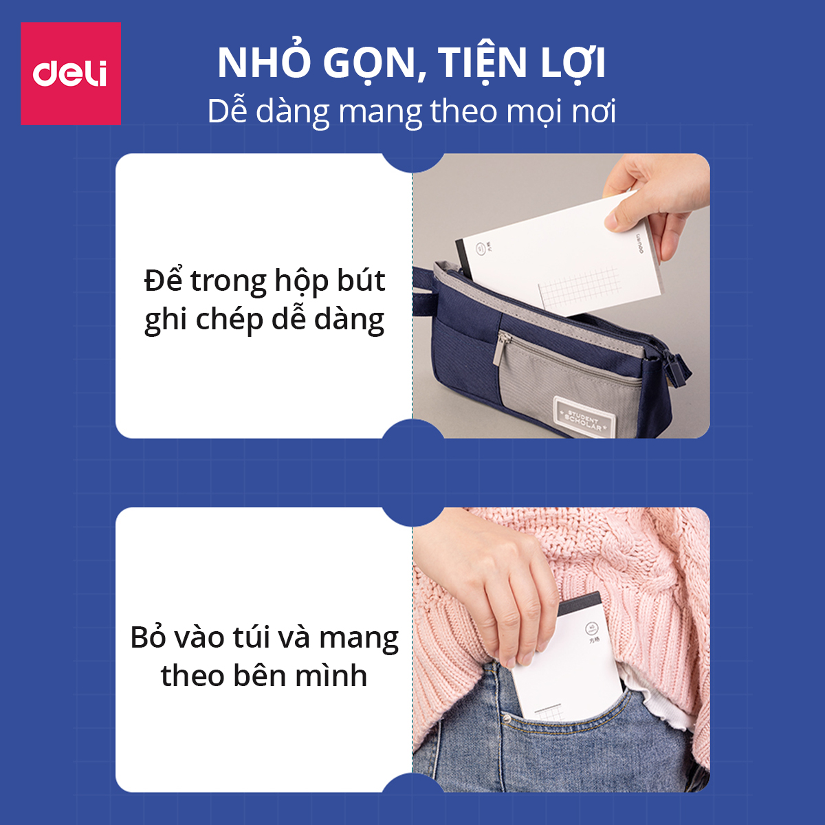 Sổ Tay Ghi Chú, Giấy Note Nhớ Hình Chữ Nhật Kẻ Ngang Caro Deli Giấy Dày Chất Lượng Cao Tiện Lợi Nhỏ Gọn Cho Học Sinh