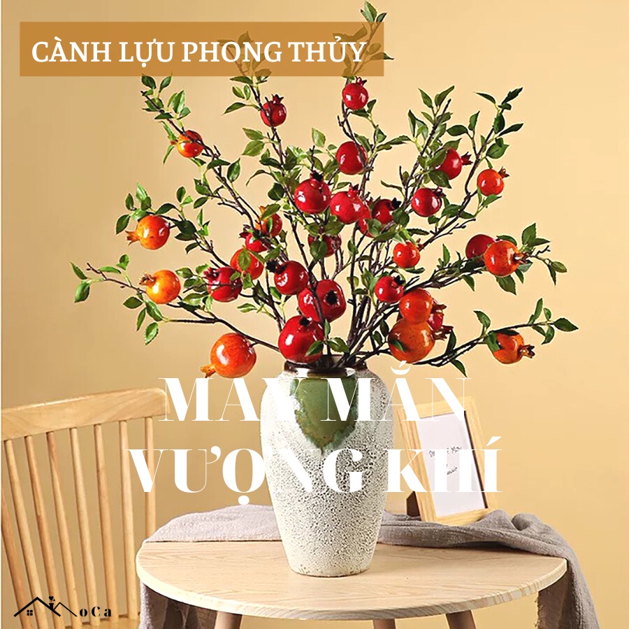 Cành lựu giả - 09 quả 02 hoa - Dài 100 cm - Màu cam, đỏ - Quả to 5 cm, quả nhỏ 4 cm - Cây giả, hoa lụa Decor trang trí nhà cửa