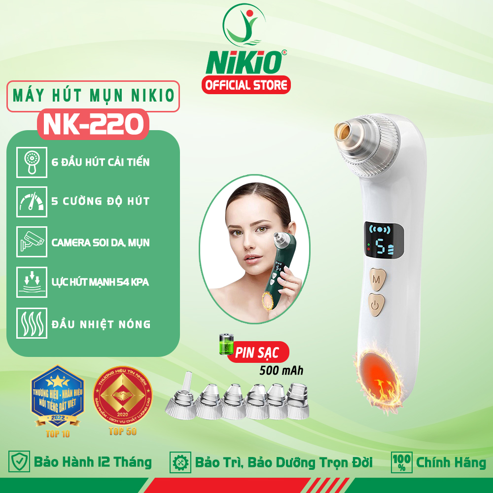 Máy Hút Mụn Cầm Tay Nikio Nk - 220 - Camera Hỗ Trợ Soi Da - Có 6 Đầu Hút Cải Tiến Mới, Hút Sạch Mọi Loại Mụn - Pin Sạc Tiện Lợi - Màu Trắng
