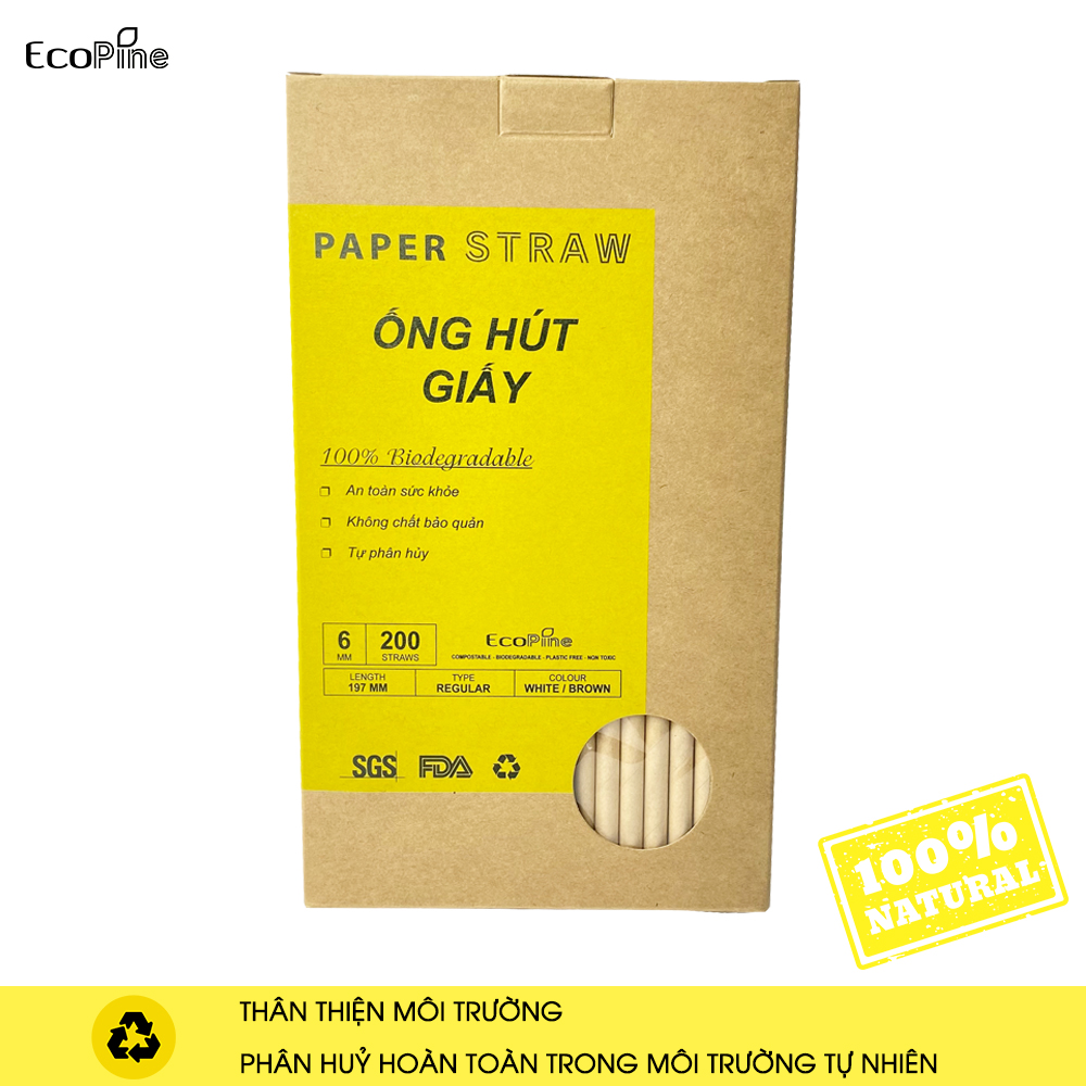 Hộp 200 ống hút giấy phi 6mm màu nâu kraft ECOPINE - Dùng cho cafe, nước ngọt, nước ép