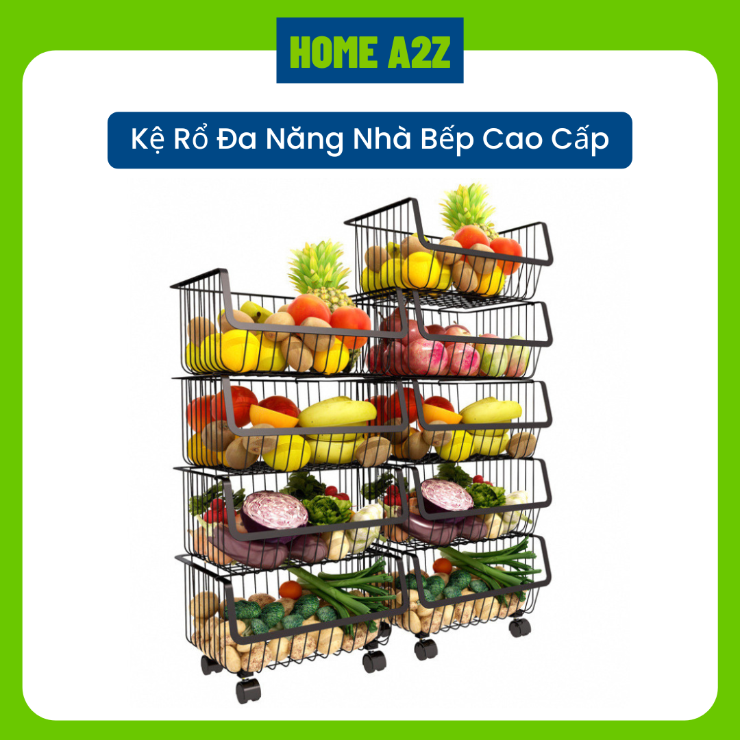 Kệ Nhà Bếp Đa Năng Dạng Rổ 4/5 Tầng Thép Carbon Sơn Tĩnh Điện, Kệ Rổ Xoay 360 Tiện Lợi Chống Gỉ Sét Cao Cấp