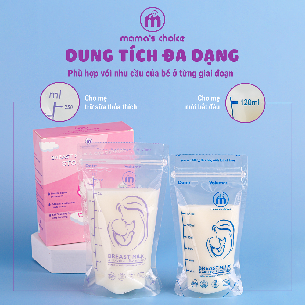 Túi Trữ Sữa Mama's Choice, Túi Đựng Sữa Mẹ Loại 250ml và 120ml, Kiểm Định An Toàn Bởi Bureau Veritas, Hộp 30 Túi