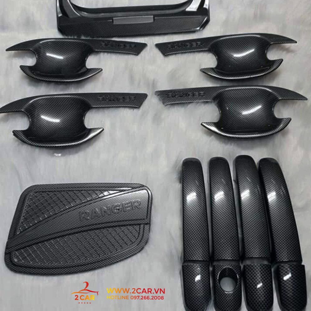 COMBO BỘ ỐP TAY NẮM, HÕM CỬA XE, TAY MỞ CỐP , NẮP XĂNG CARBON XE FORD RANGER 2014 - 2021 Cacbon