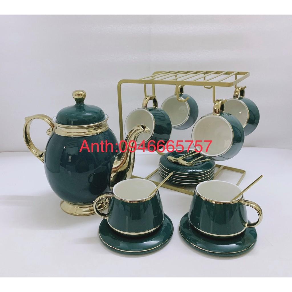 Bộ bình trà cà phê màu xanh cổ vịt viền vàng, kèm Giá treo cốc, 6 thìa vàng, 6 đĩa lót tách