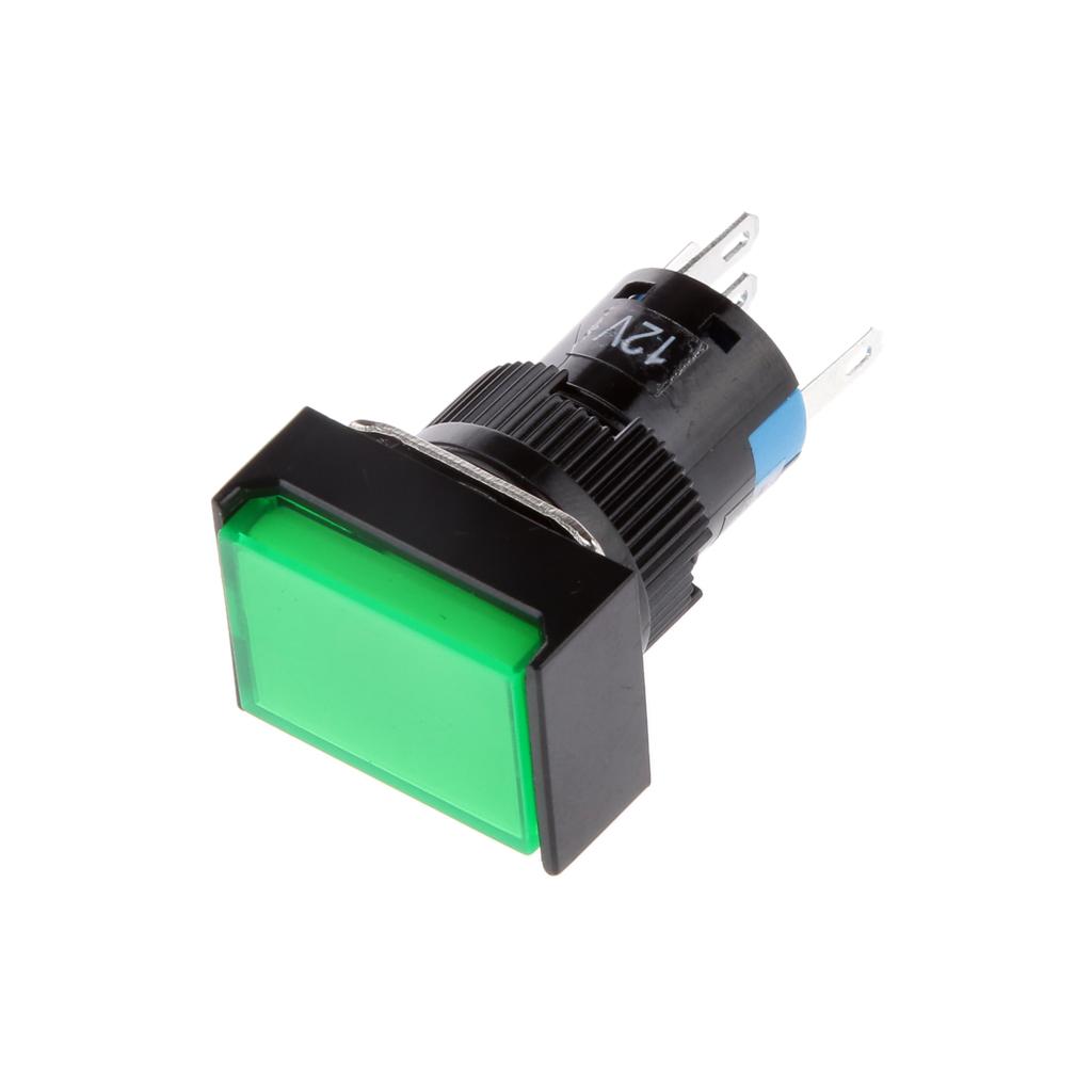 2 pieces DC 12V Push Button Momentary Self Reset Square Switch with LED Light 5 Pin 16mm Green