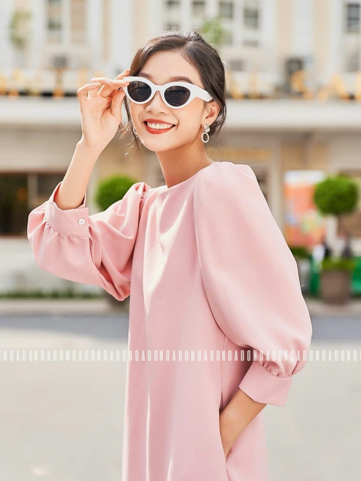 Đầm hồng cổ thuyền tay lửng NGADO , đầm nữ , Đầm suông , Đầm thiết kế