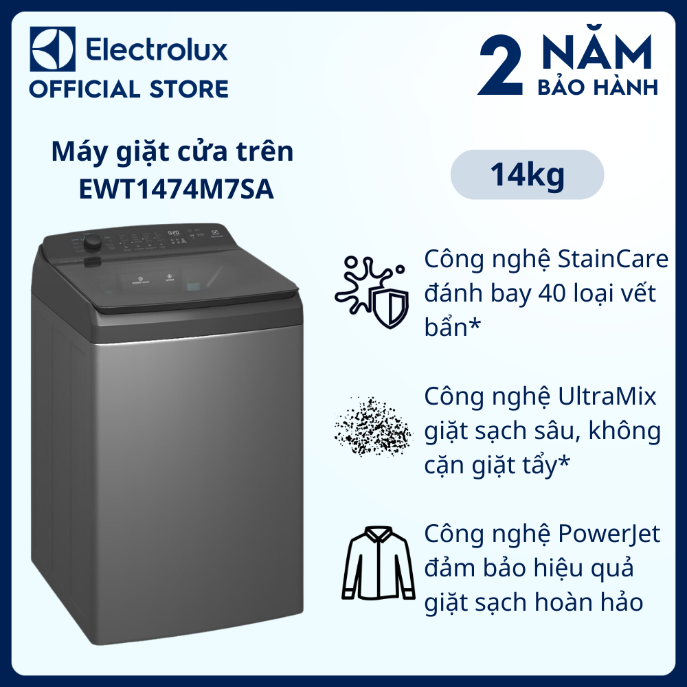 [Free Giao lắp] Máy giặt cửa trên Electrolux 14kg UltimateCare 700 EWT1474M7SA - Xám đen, giặt sạch sâu, không cặn giặt tẩy [Hàng chính hãng]