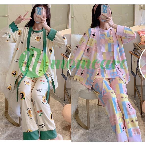 Bộ Bầu Dài Tay Sau Sinh cho con bú Đồ bộ ngủ Kimono bầu đẹp mặc nhà (SET 3) - Quần áo thời trang cho mẹ giá rẻ Bigsize