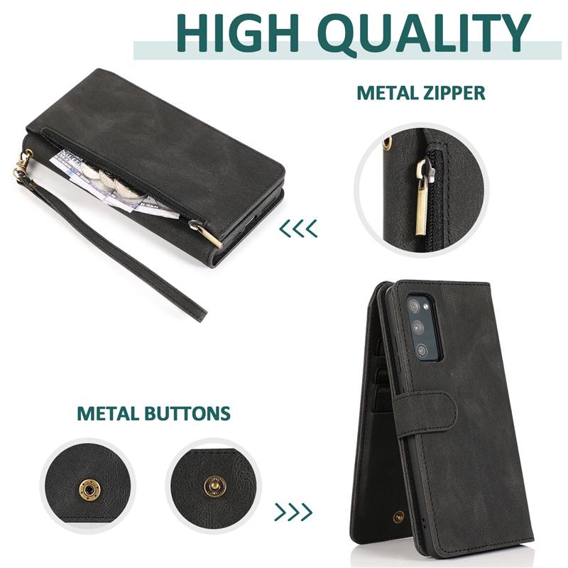 Bao da điện thoại kiểu ví gập nam châm có dây khóa kéo cho Samsung A11 A21S A31 A51 A71 A81 A91 Note10 S10 Lite