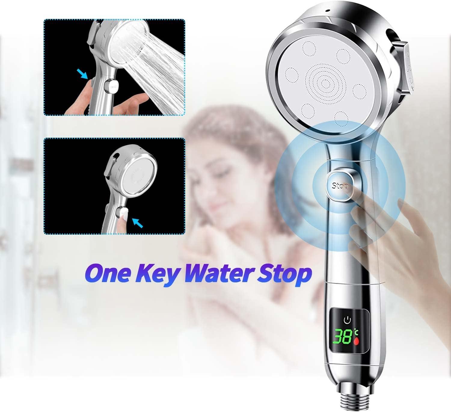 Đầu vòi hoa sen, đầu vòi hoa sen phổ quát với màn hình nhiệt độ, đầu tắm tiết kiệm nước với 4 chế độ tắm, đầu vòi hoa sen áp suất cao với nút Break