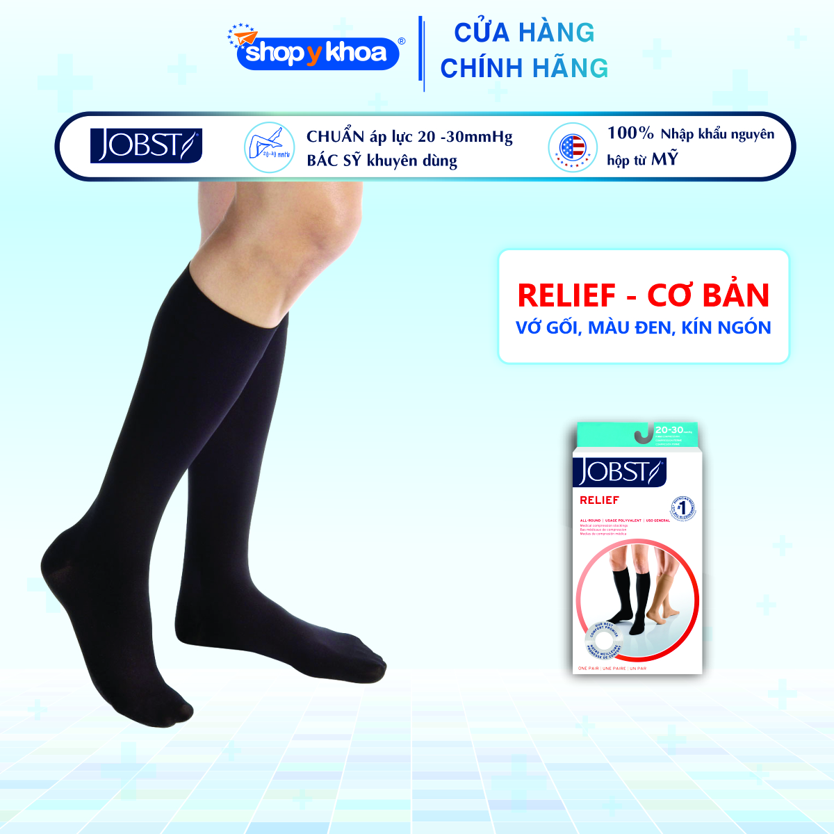 Vớ y khoa gối JOBST Relief - Cơ bản, màu đen, kín ngón, 20-30mmHg, giãn tĩnh mạch chân (tất y khoa)