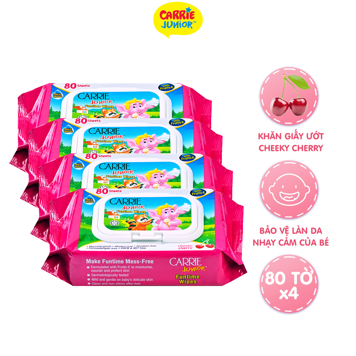 Combo 4 Gói Khăn Giấy Ướt Carrie Junior Funtime Cheeky Cherry 80 tờ/ gói