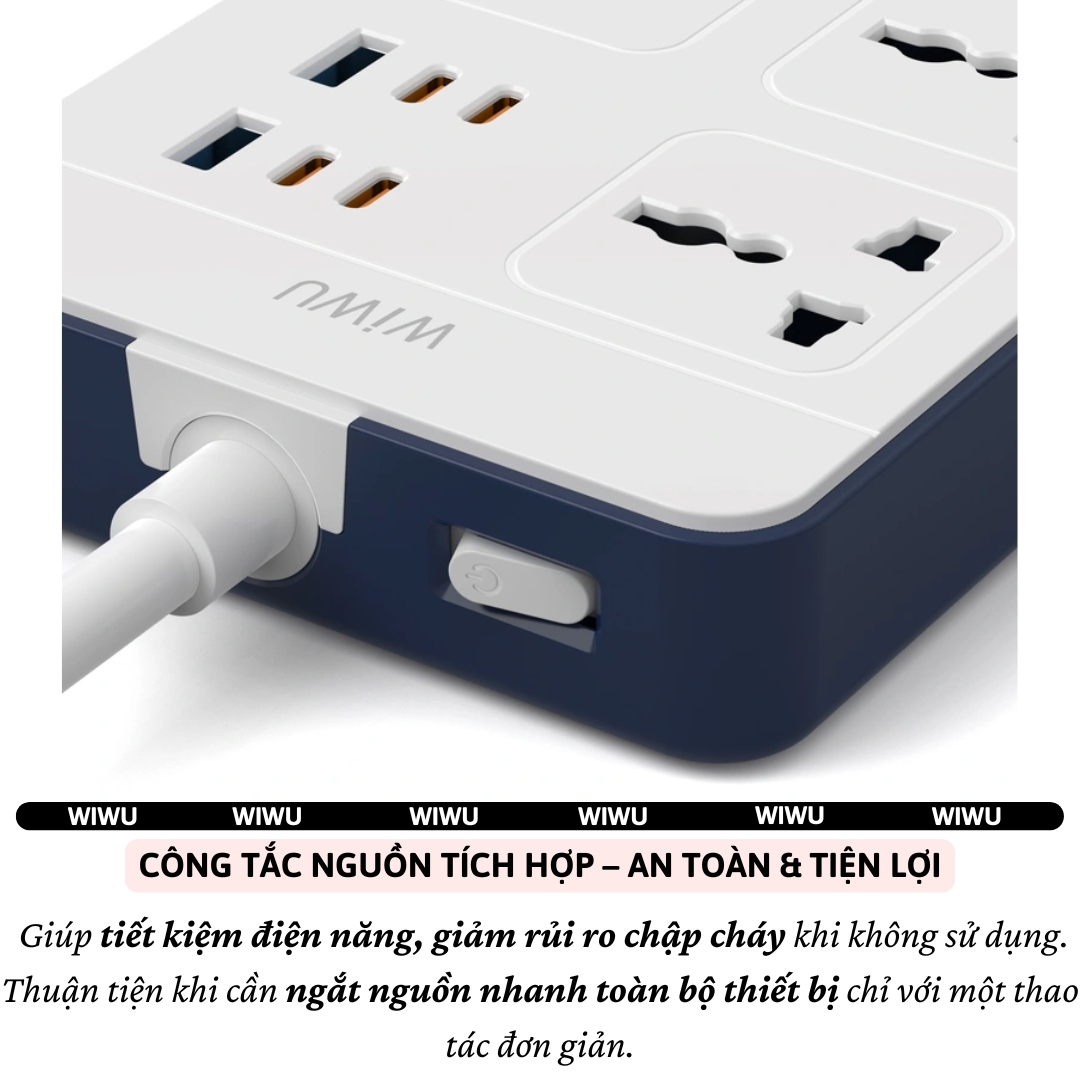 Ổ cắm điện đa năng 11 in 1 2500W WIWU Wi-S006 PS524 4 cổng Type-C (PD 20W), 2 cổng USB-A (2.4A), 5 ổ cắm AC, dây điện dài 2m, Chống cháy, Chip Ai an toàn sạc cho iPhone ipad Macbook Vivo oppo samsung huawei - Hàng nhập khẩu