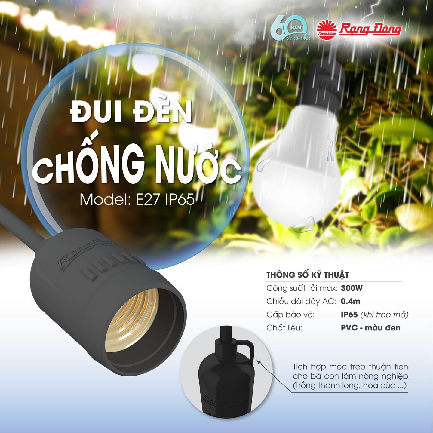 Đui đèn chống nước Rạng Đông E27 IP65 an toàn lắp đặt ngoài trời sân vườn trang trại - Hàng chính hãng