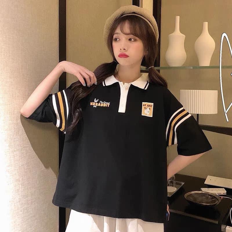 Áo Polo Nữ Rabbit Phối Màu Cộc Tay Cổ Bẻ Dáng Rộng