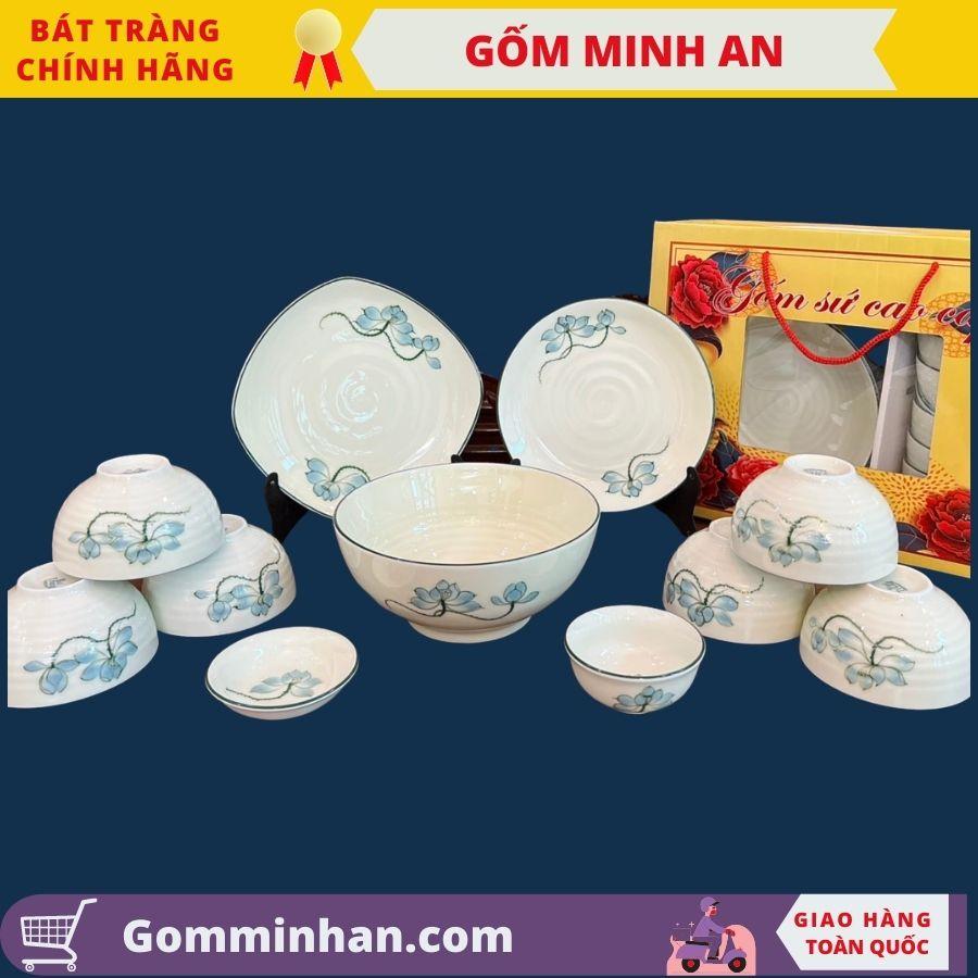 Set Bộ đồ ăn sứ Bát Tràng men kem vẽ hoa văn 11 món gốm Minh An Bát Tràng