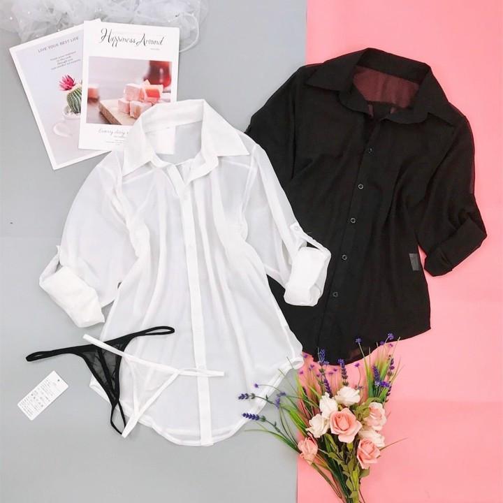 Áo ngủ sơ mi màu trắng tinh khôi với chất liệu voan cát xuyên thấu quyến rũ