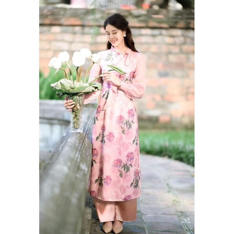 Áo dài hoa thiết kế nơ cổ