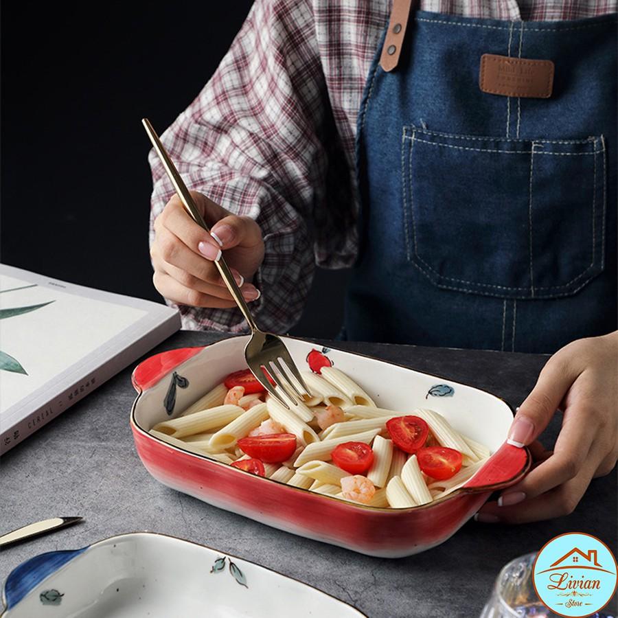 Bát sứ, thố nướng chữ nhật có quai cầm họa tiết hoa lá quả kích thước 18cm, 22cm