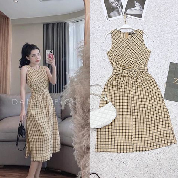 Đầm kẻ vàng sát nách xoắn eo DN574