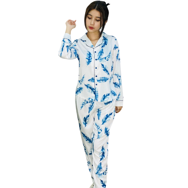 Đồ bộ pyjama nữ, đồ mặc nhà VILADY - B115 kiểu tay dài quần dài họa tiết lá xanh, chất liệu lụa Pháp siêu mát