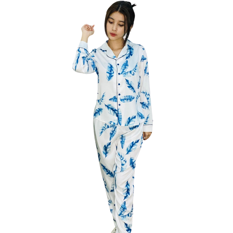 Đồ bộ pyjama nữ, đồ mặc nhà VILADY - B115 kiểu tay dài quần dài họa tiết lá xanh, chất liệu lụa Pháp ( lụa latin) siêu mát