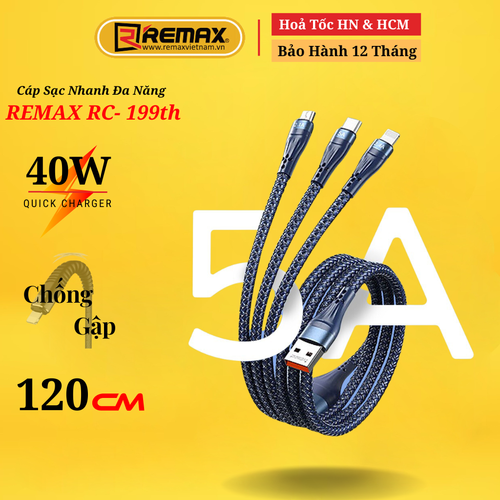 Cáp sạc đa năng 3in1 Remax RC-199TH sạc nhanh siêu tốc max 40W- Hàng chính hãng Remax