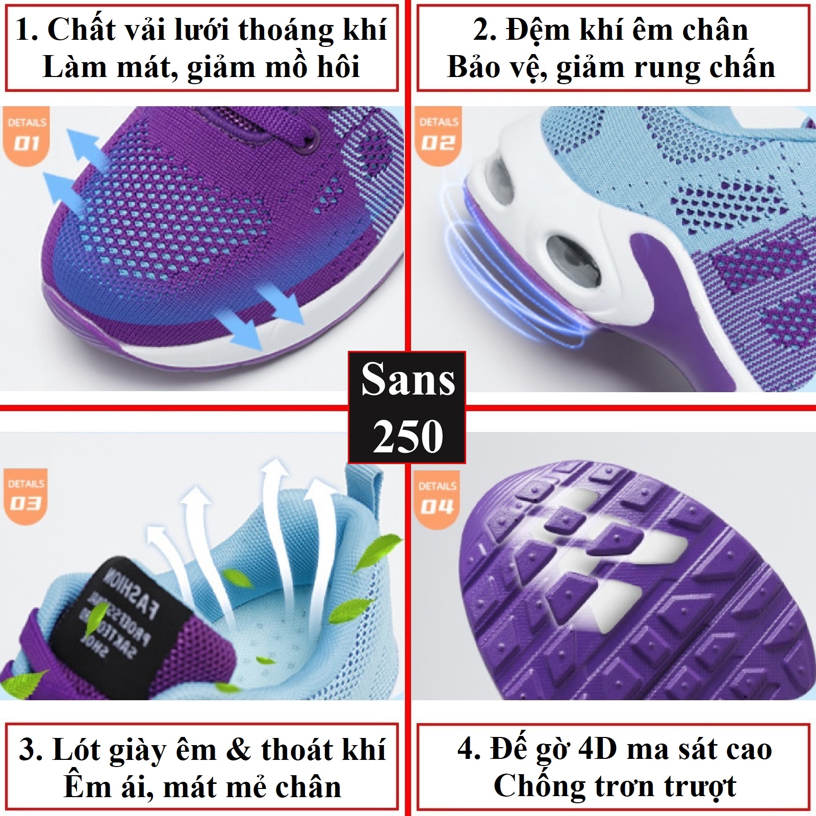 Giày thể thao nữ sneaker Sans250 chất vải thoáng mát đệm khí êm chân màu đen hồng tím size lớn bigsize 40 41 42 cổ thấp