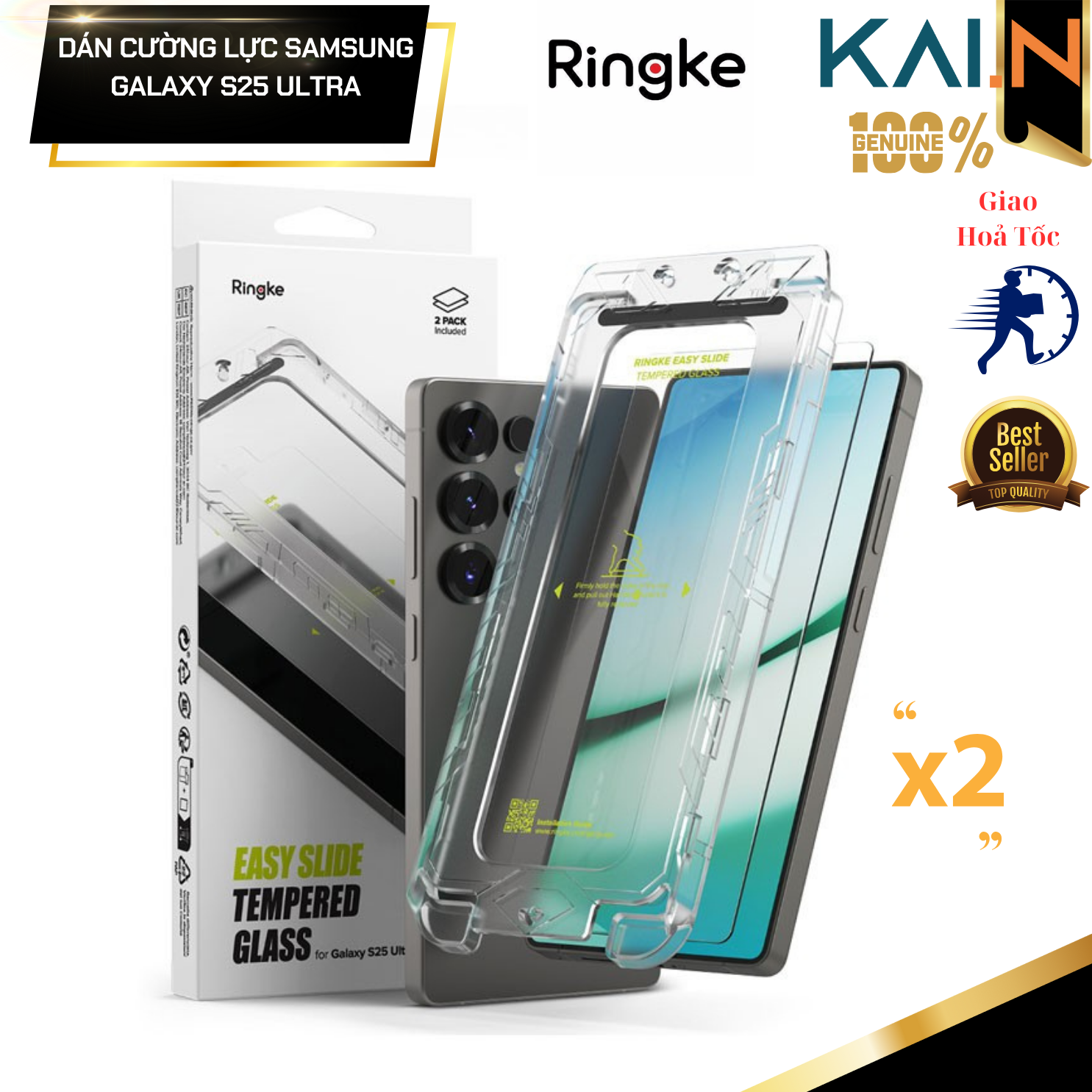 Combo 2 Miếng Dán cường lực kèm khung dán Trong Suốt/ Chống Nhìn Trộm cho Samsung Galaxy S25 Ultra RINGKE Easy Slide Tempered Glass_ Hàng Chính Hãng