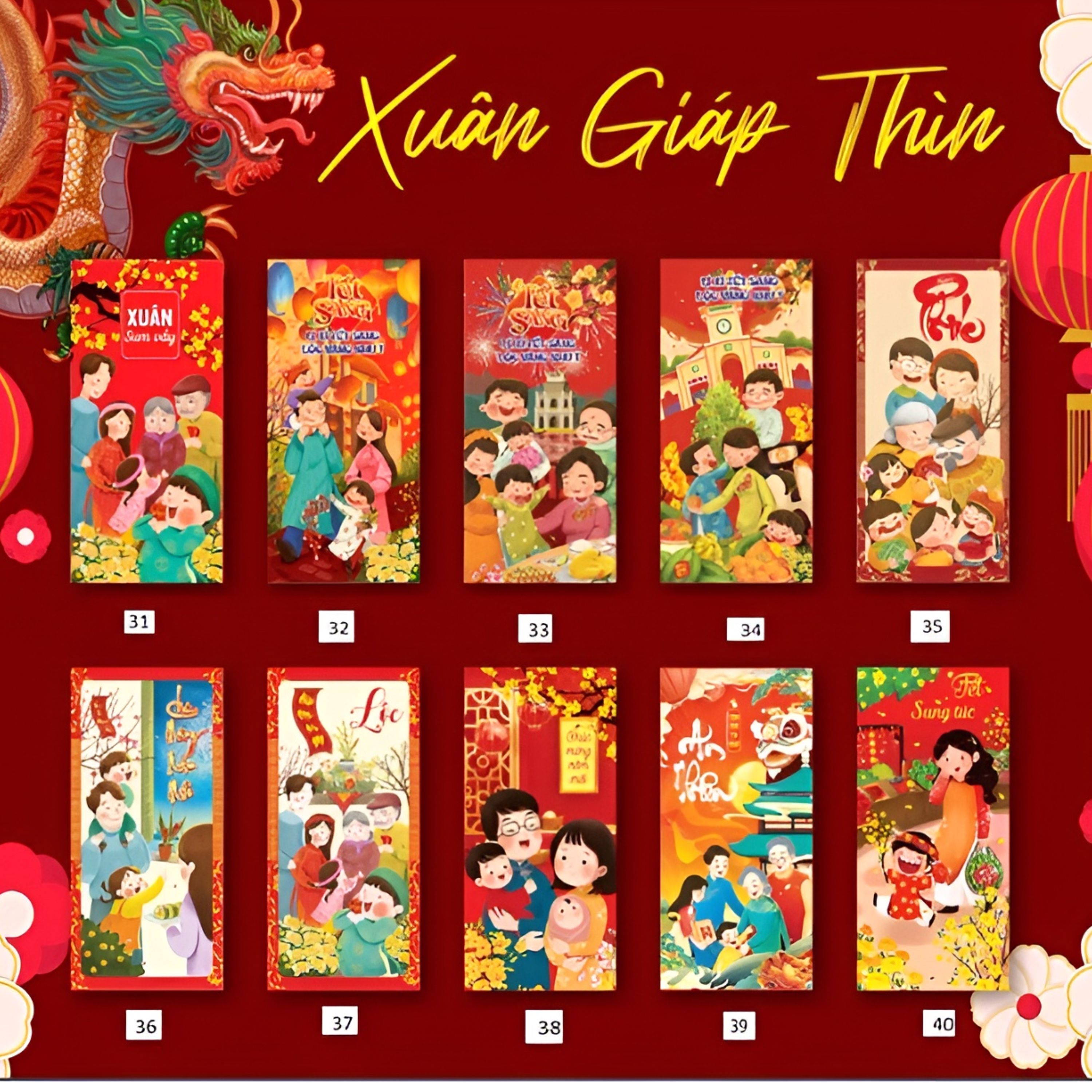 Set 10 Bao Lì Xì Tết 2024 Giáp Thìn Túi Đựng Tiền Mừng Tuổi 12 Con Giáp Xuân Mú Lân Áo Dài Truyền Thống Legaxi