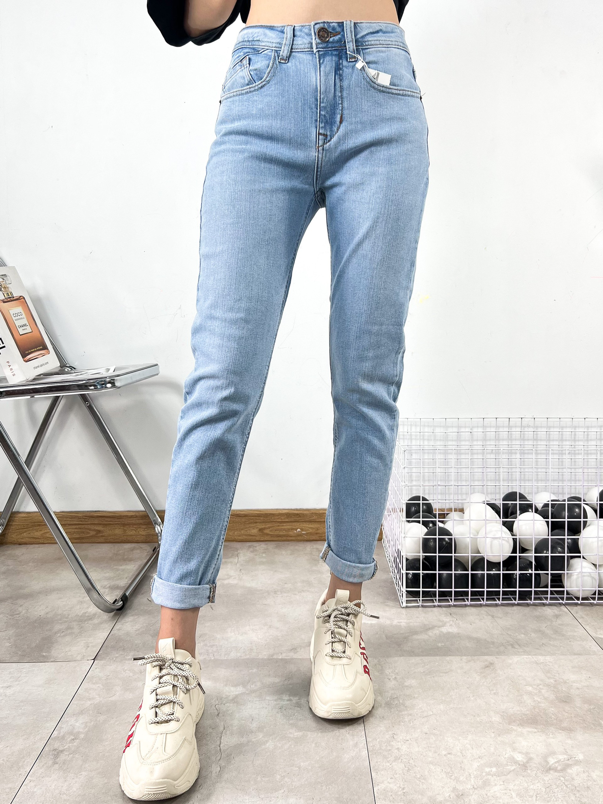 Quần jean nữ boyfriend baggy trơn dài co giãn HQJEANS