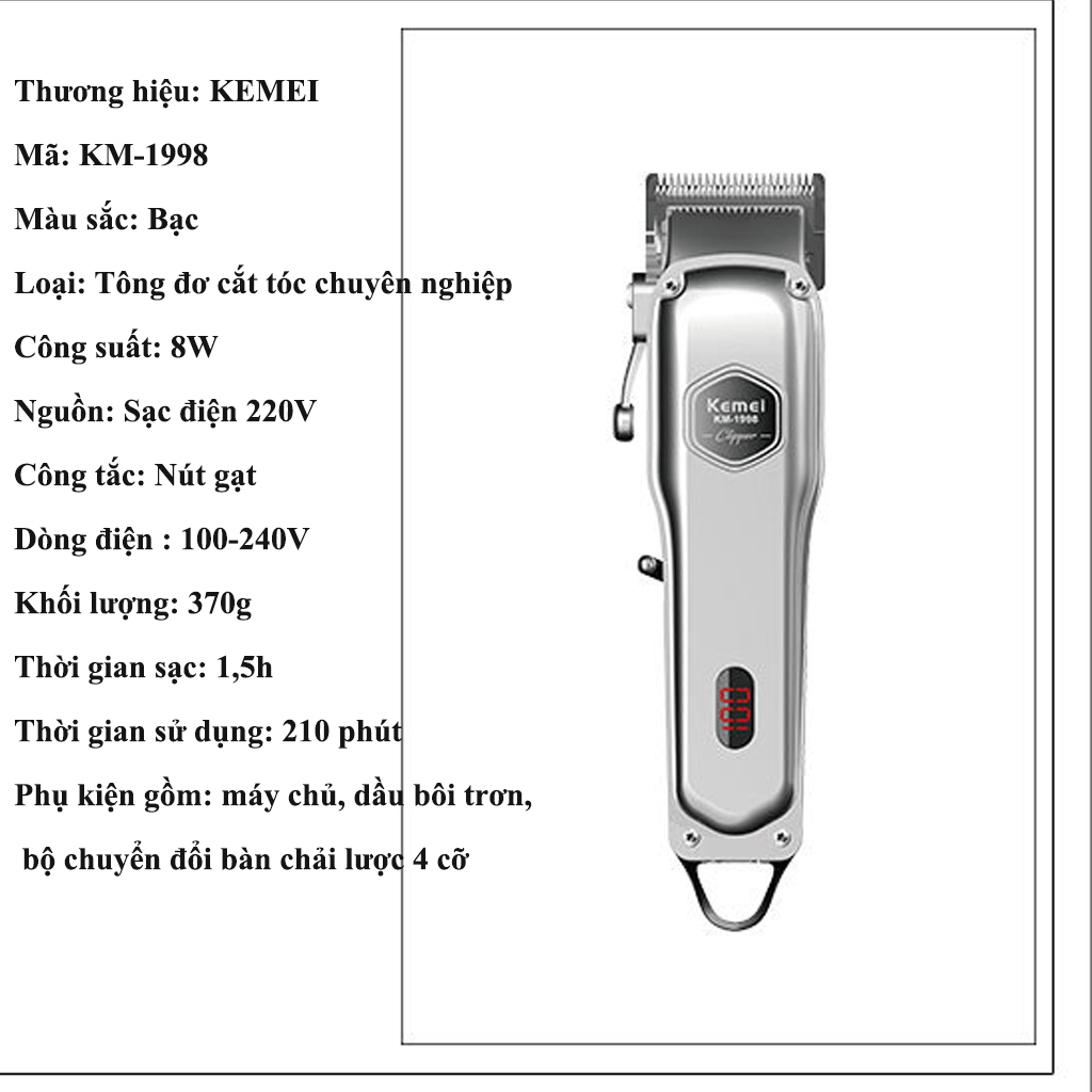 Tông đơ cắt tóc chuyên nghiệp thế hệ mẫu mã kiểu dáng mớiKemei KM1998
