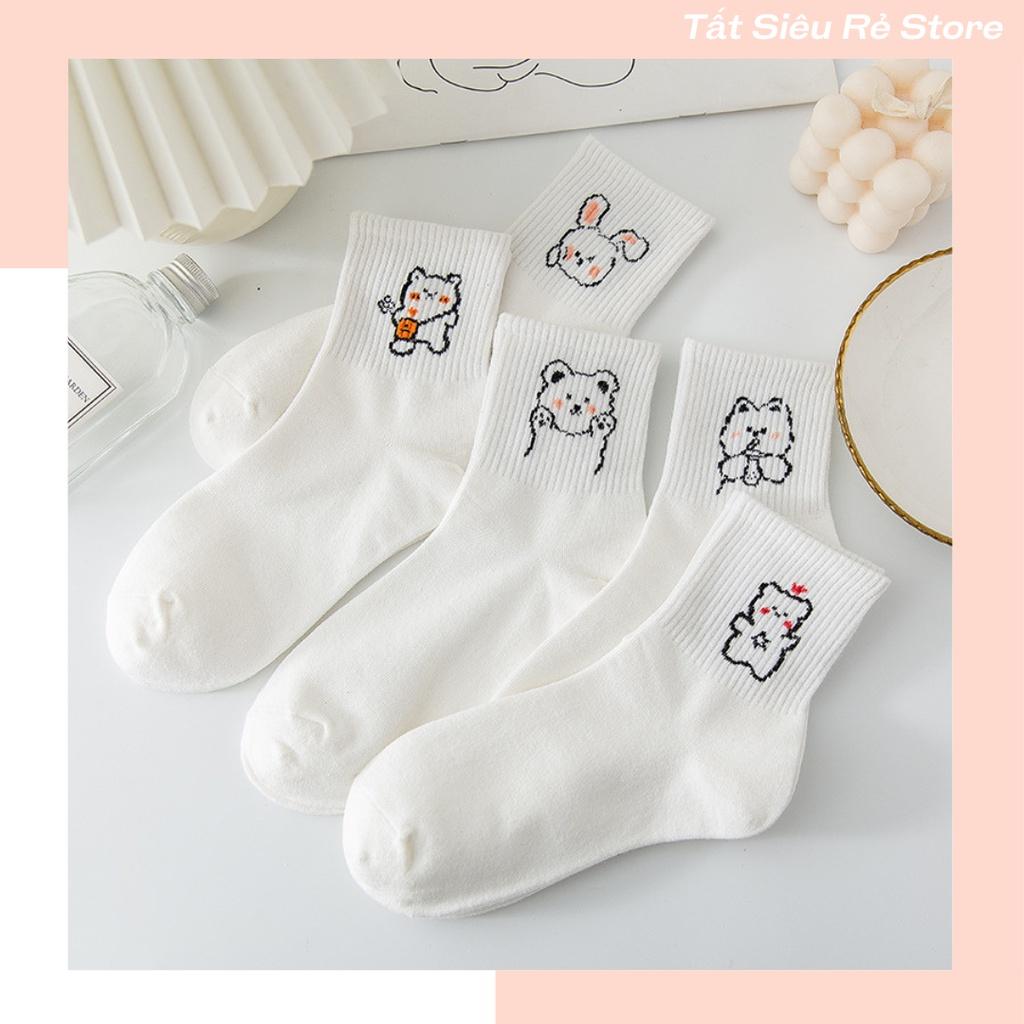 Tất cổ cao, vớ cổ cao nữ trắng hình thú dễ thương vải cotton co giãn thời trang Hàn