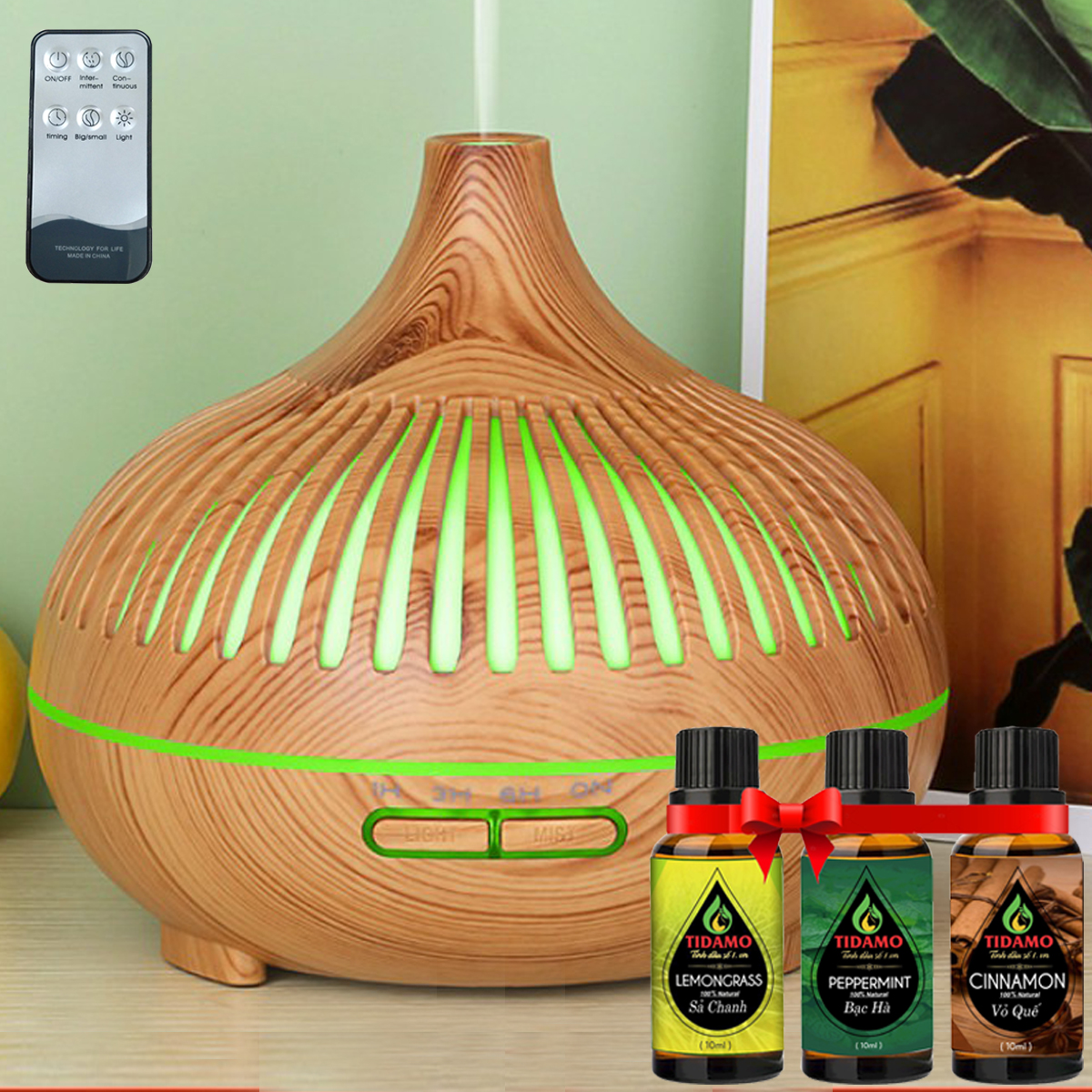 Combo Máy Xông Tinh Dầu Cách Điệu Có Điều Khiển Từ Xa + Tinh Dầu Nguyên Chất TIDAMO - Máy Khuếch Tán Tinh Dầu Giúp Thơm Phòng Thư Giãn, Đuổi Muỗi và Bảo Vệ Sức Khỏe