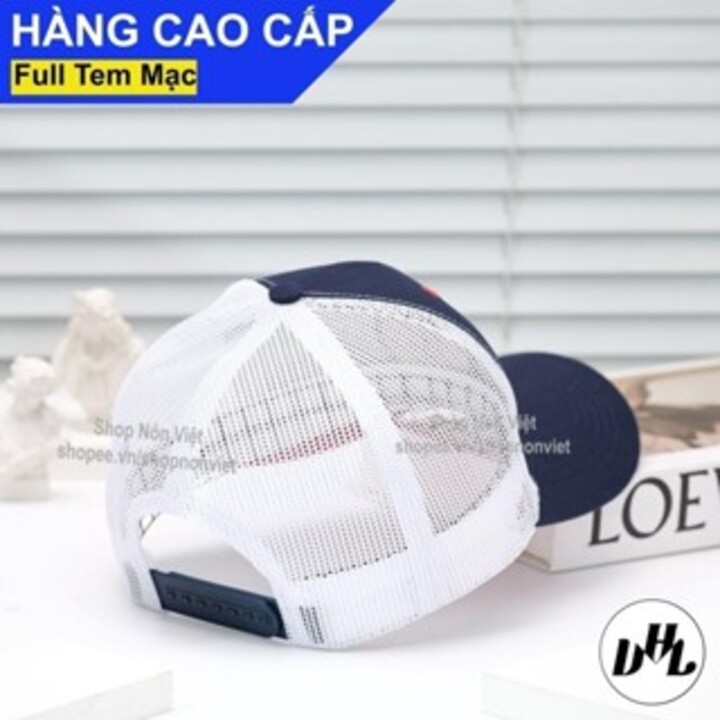 Mũ Lưỡi Trai Nón Kết PSC Logo Tròn Mặt Dưới Kết Đỏ Vải Cotton Xanh Đen Phối Lưới Trắng Thoáng Mát Form Đứng