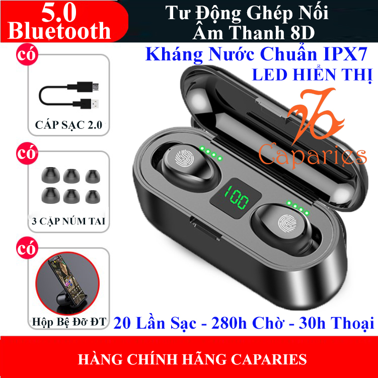 Tai Nghe Bluetooth 5.0 CAPARIES V3-F9 LED - (Tai Nghe Không Dây) Chống Nước - Chống ồn - Tích Hợp Micro - Tự Động Kết Nối - Nhỏ gọn - Âm Thanh 8.0 HD - Tương Thích Cao Cho Tất Cả Điện Thoại CHÍNH HÃNG