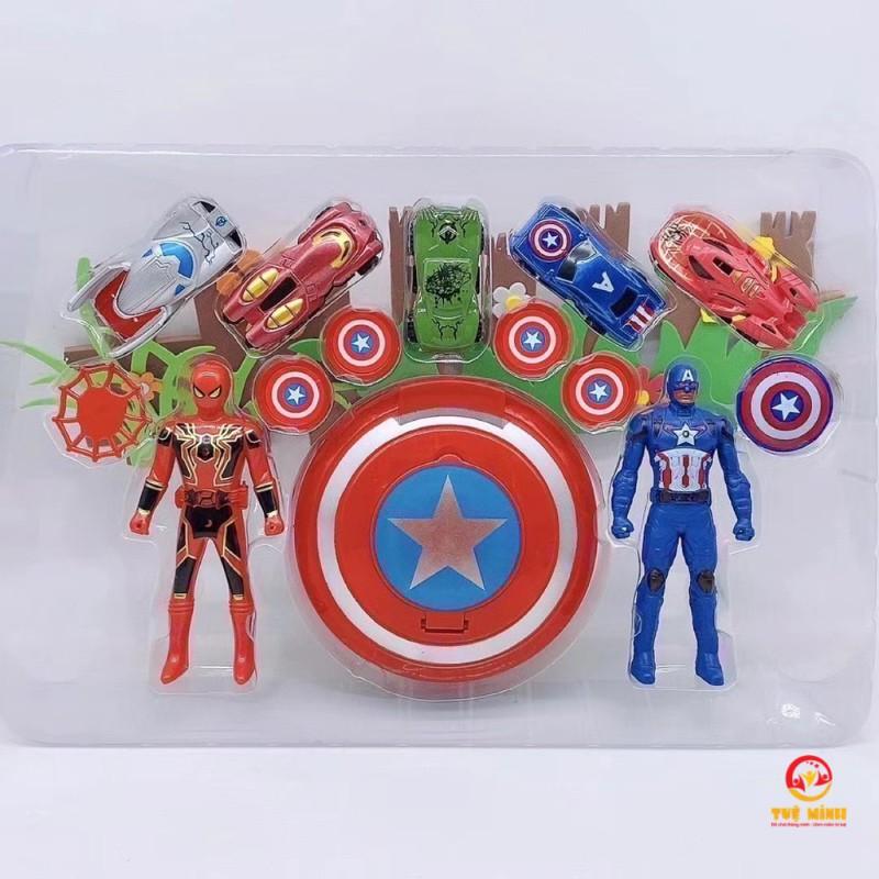 Bộ Đồ Chơi Mô Hình Siêu Nhân Captain American Và Người Nhện Tuệ Minh Có Khiên Và 5 Ô Tô Bánh Đà Siêu Ngầu Cho Bé Trai