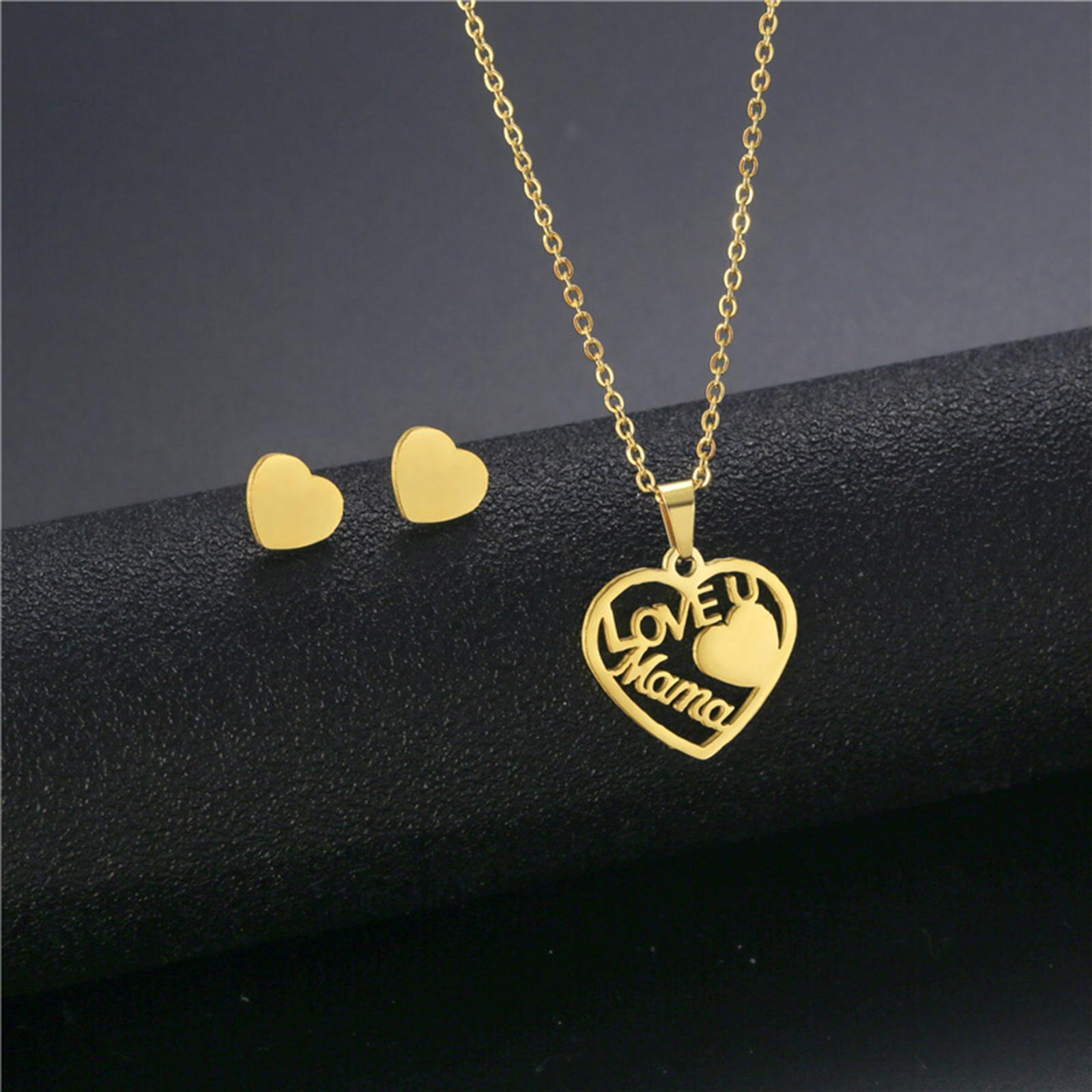 Love Mom Pendant with 2 Ear Stud Earrings Mother's Jewelry Stainless Steel